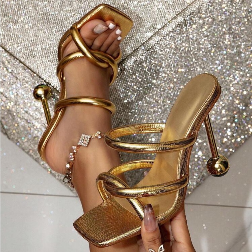 SHEIN Gold Strappy Heels with Ball Detail